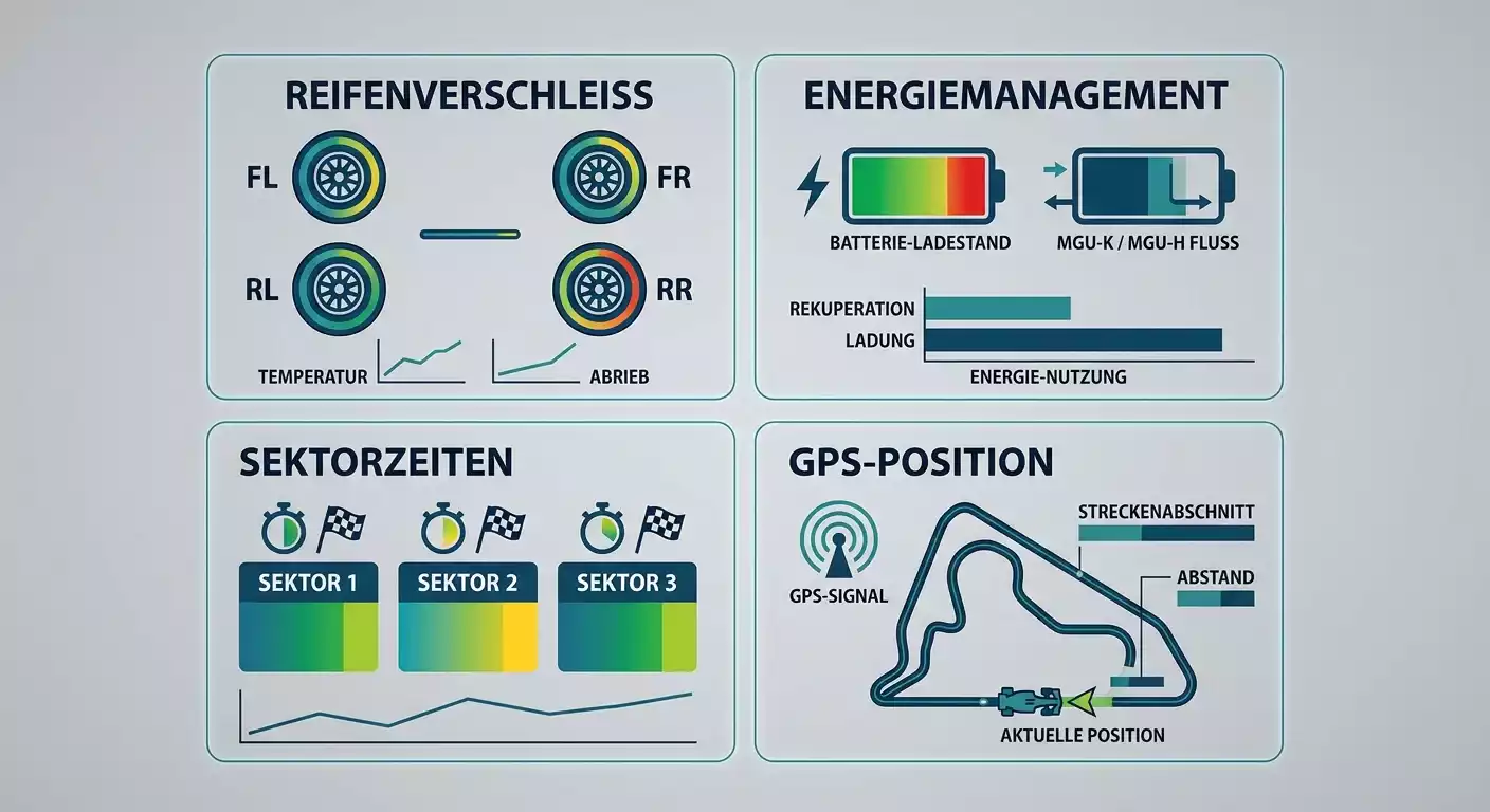 Echtzeit-Datenkategorien von ALT Sports Data für Formel-1-Live-Wetten: Reifen, Energie, Sektorzeiten