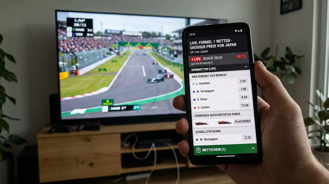 Mobile App-Nutzung bei Formel-1-Live-Wetten auf dem Smartphone während eines Grand Prix