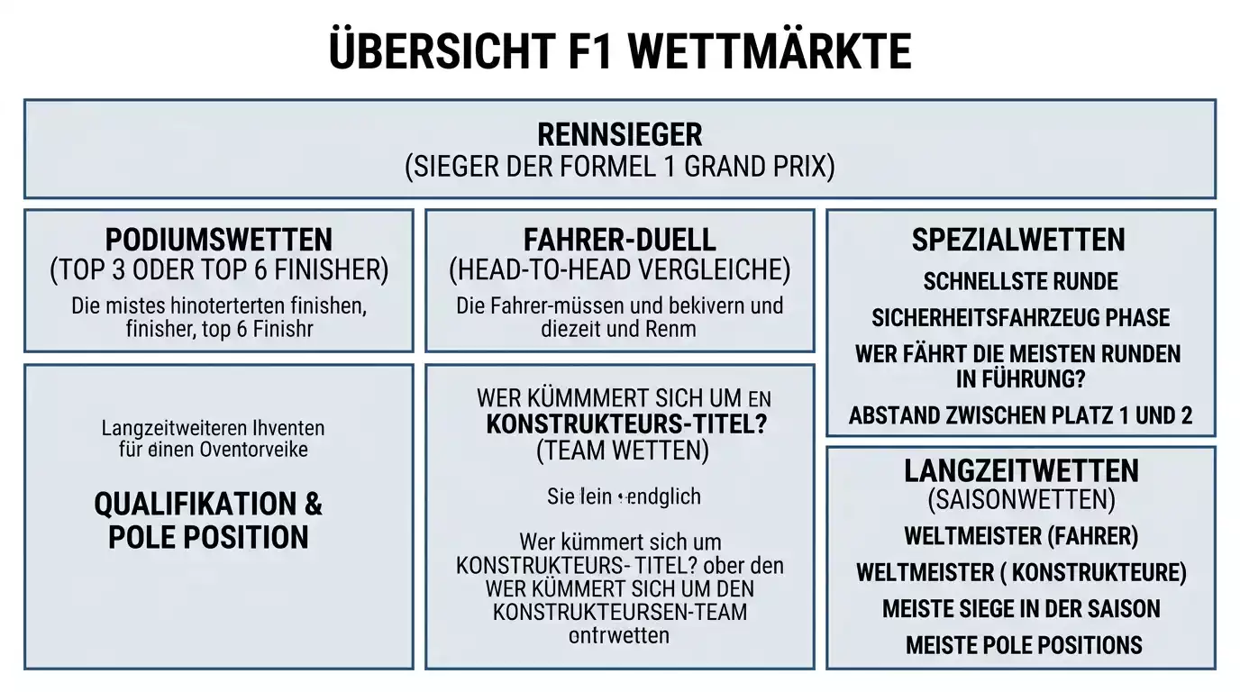 Überblick aller Formel-1-Wettmärkte von Rennsieg über Head-to-Head bis zu Spezial- und Langzeitwetten
