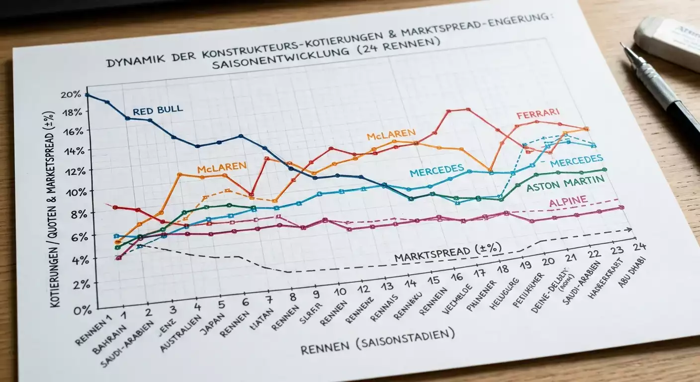 Quotendynamik Formel 1 Konstrukteurswette: Saisonale Entwicklung und Kompression der Teamwertungs-Quoten