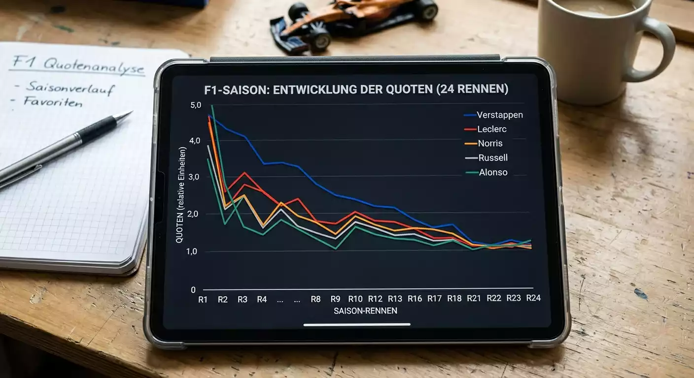 Formel 1 Langzeitwetten Quotenentwicklung über die Saison: Kompression bei Favoriten und Außenseiter-Dynamik