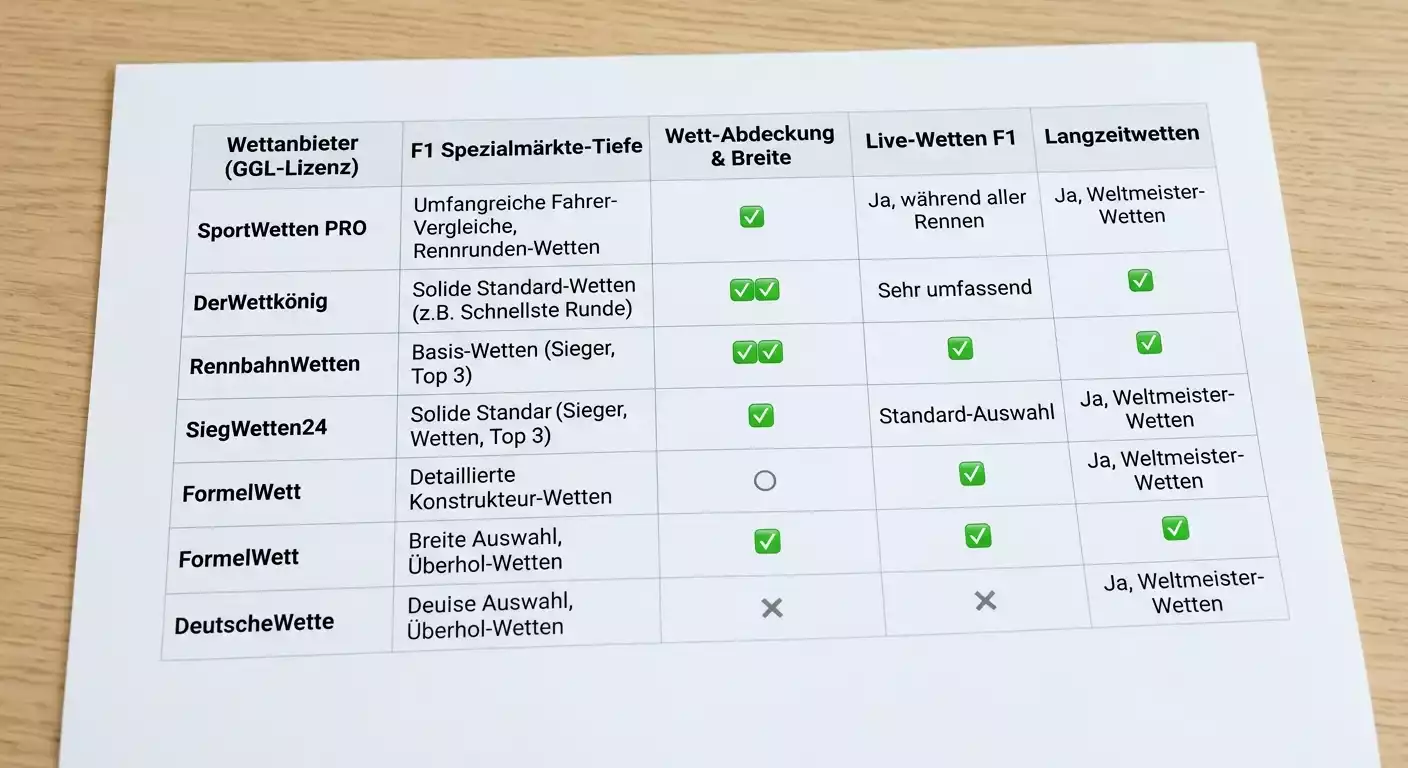Vergleich GGL-lizenzierter Anbieter nach Verfügbarkeit und Tiefe der Formel-1-Spezialwetten