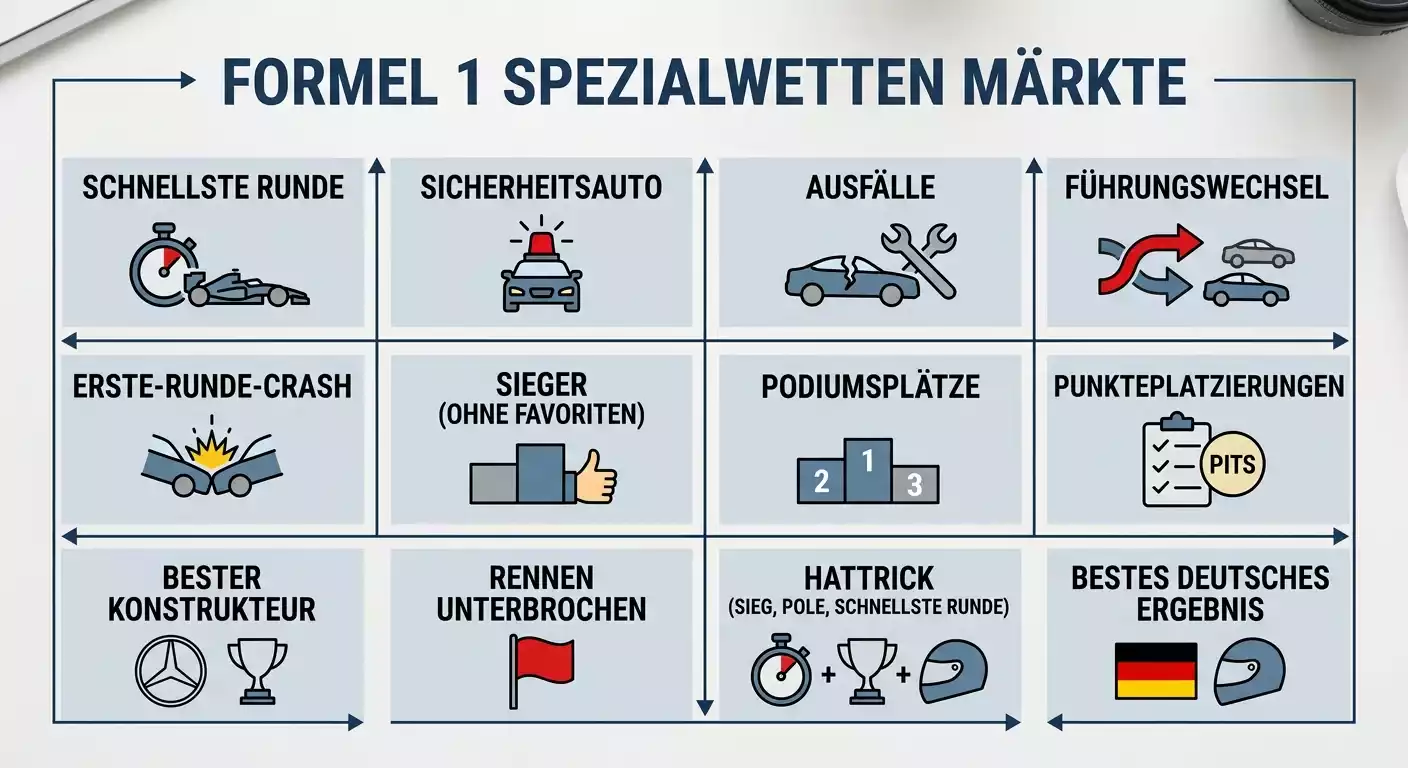 Übersicht der wichtigsten Formel-1-Sondermärkte und Spezialwetten bei lizenzierten Buchmachern