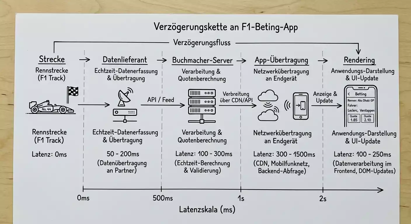 Schematische Darstellung der Latenz-Kette bei Formel-1-Live-Wetten — von Strecke über Datenlieferant bis zur Wetten-App