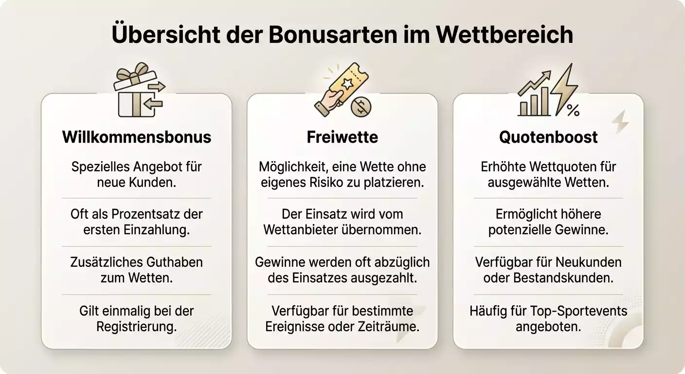 Überblick über die wichtigsten Bonus-Typen für Formel-1-Wetten: Willkommensbonus Freiwette Quotenboost