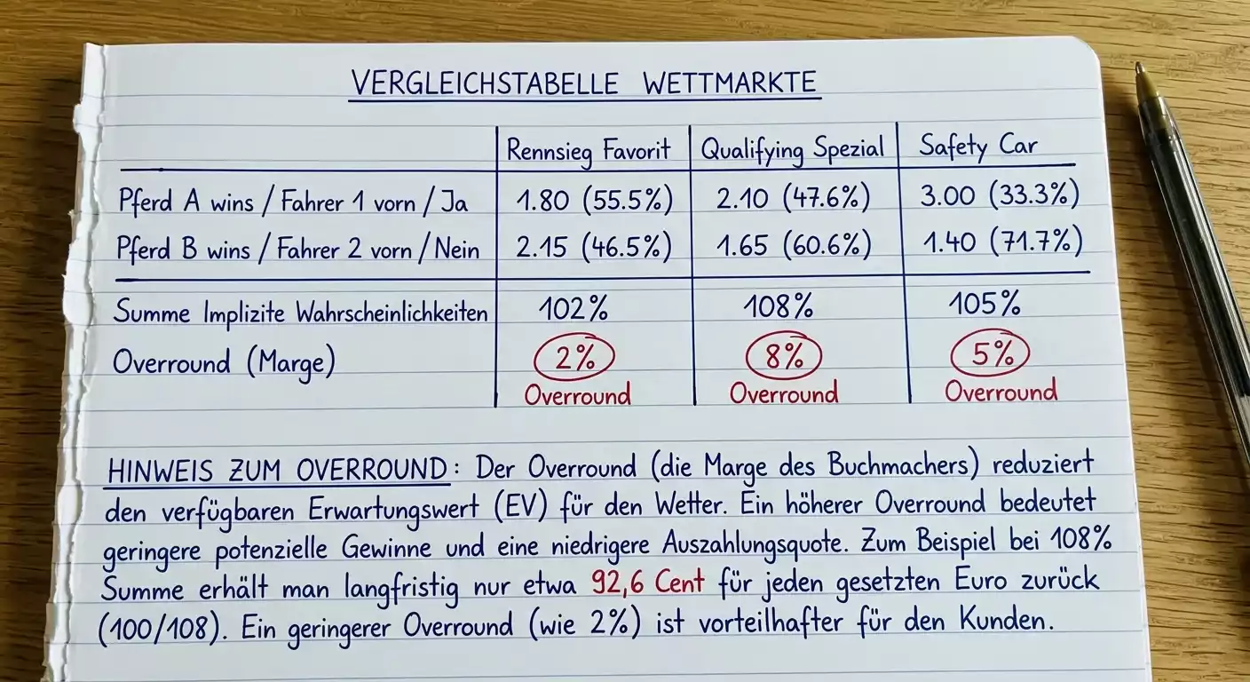 Quotenmarge Einfluss auf Value Wetten Formel 1 — wie Buchmacher-Overround den Erwartungswert reduziert