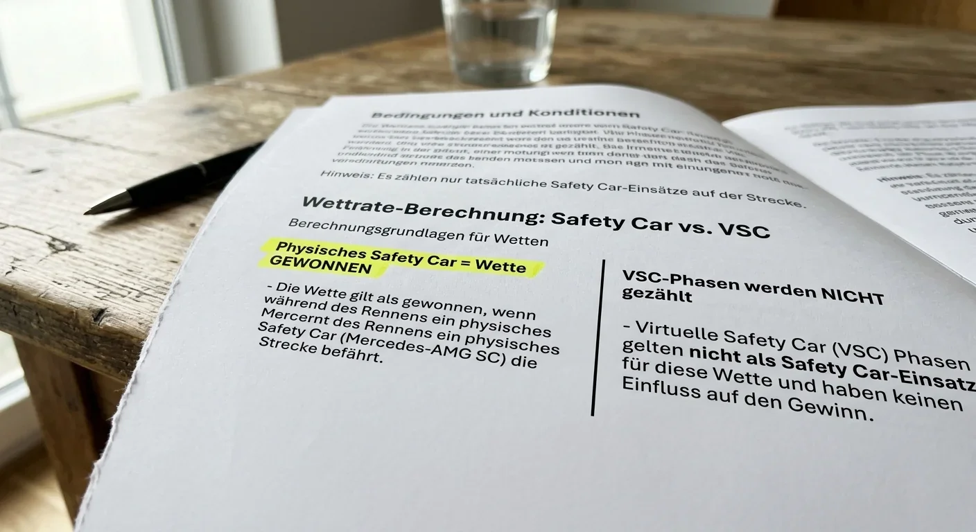 Buchmacher-Regeln VSC vs. Safety Car Formel 1 — Abrechnungsdefinitionen bei GGL-lizenzierten Anbietern
